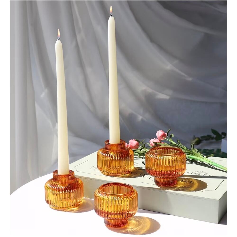Amber Glass Votive Tea Light Candle Holders Set of 4 Home Hygge Cottagecore